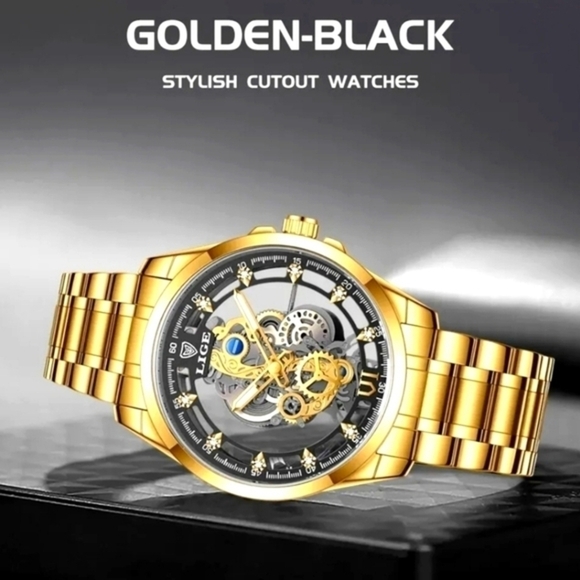 LIGE Men's Skeleton Watch - Gold on Top of Stainless- Clasp Band Great Quality - Picture 6 of 7